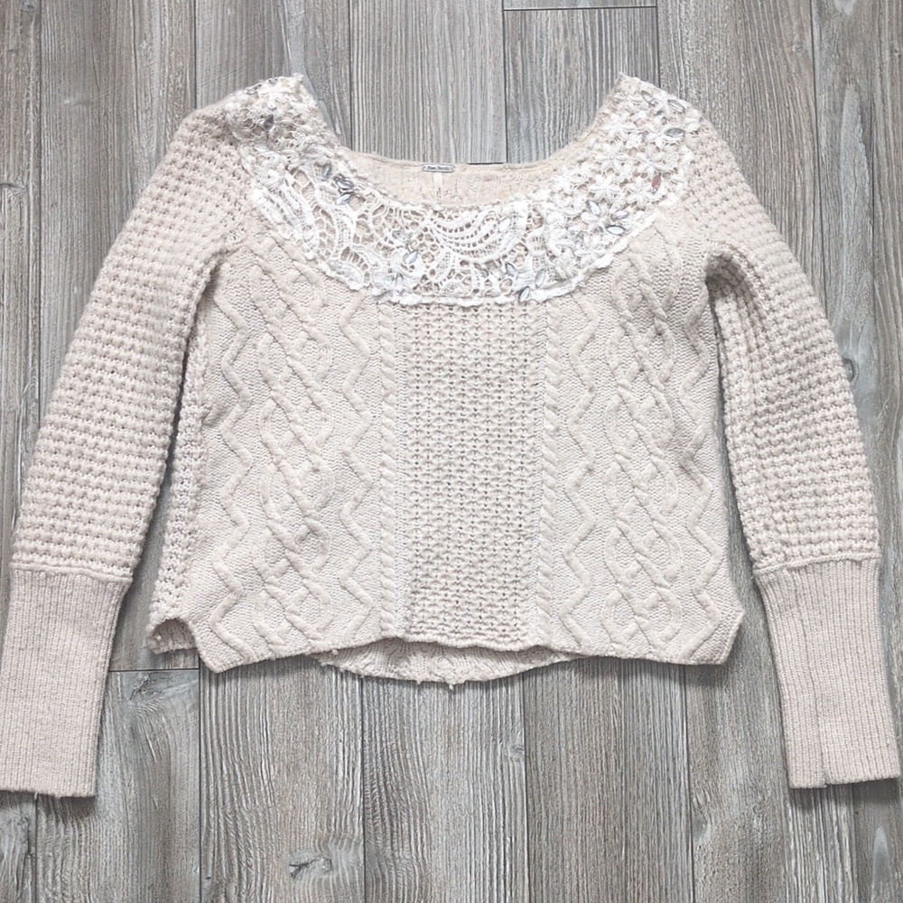 FREE PEOPLE Ivory Creme Aurora Jewel Embellished Lace Trim Wool Knit Sweater XS